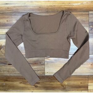 OQQ Women Brown Ribbed Long Sleeve Crop Top Square Neck Thumbhole Activewear M